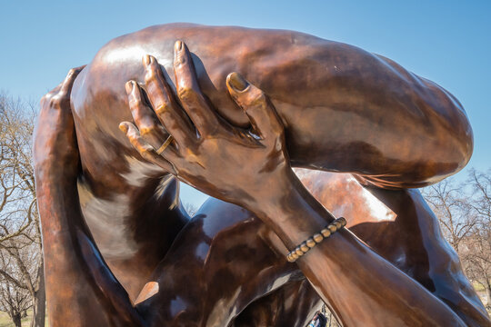 Boston, MA, US-March 21, 2023: The Embrace sculpture in the Boston Common honoring Dr. Martin Luther King and his wife Coretta Scott King.