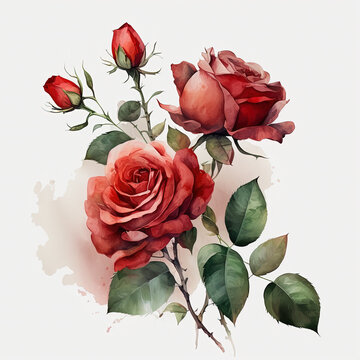 Watercolor red roses illustration. Wedding invitation. Botanical art print. Ai generated