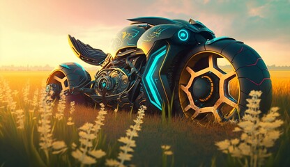 Futuristic electric motorcycle parked in a field of grass during sunset. Generative AI