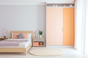 Fototapeta na wymiar Interior of modern japanese sleeping room in bright color scheme with minimal closet over white wall. Contemporary room with dresser. Home design with poster - Generative AI
