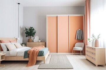 Interior of modern japanese sleeping room in bright color scheme with minimal closet over white wall. Contemporary room with dresser. Home design with poster - Generative AI