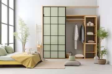 Interior of modern japanese sleeping room in bright color scheme with minimal closet over white wall. Contemporary room with dresser. Home design with poster - Generative AI