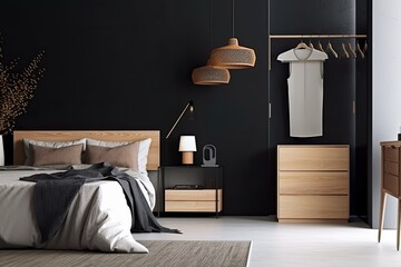 Interior of modern scandinavian sleeping room in dark color scheme with minimal closet over white wall. Contemporary room with dresser. Home design with poster - Generative AI