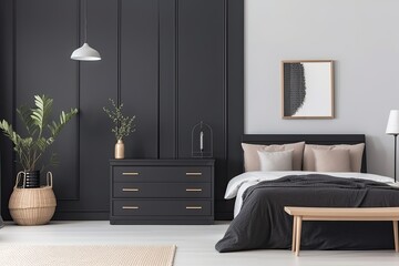 Interior of modern scandinavian sleeping room in dark color scheme with minimal closet over white wall. Contemporary room with dresser. Home design with poster - Generative AI