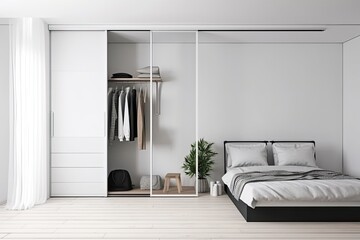 Interior of modern sleeping room with minimal closet over white wall. Contemporary room with dresser. Home design with poster - Generative AI