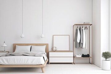 Interior of modern sleeping room with minimal closet over white wall. Contemporary room with dresser. Home design with poster - Generative AI