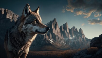 AI generated illustration of a gray wolf standing on top of a rock next to a mountain