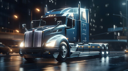 A semi truck driving through the rain at night with its lights on. AI Generated
