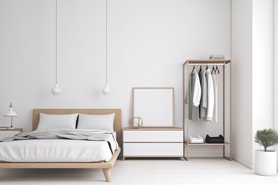 Interior of modern sleeping room with minimal closet over white wall. Contemporary room with dresser. Home design with poster - Generative AI © Hanjin