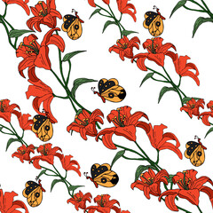 Seamless pattern with lily flower and butterfly on an isolated background - obrazy, fototapety, plakaty