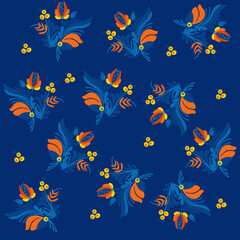 Traditional Ukrainian painting of Petrykivka. Elements of blue and yellow floral ornament. Decorative composition for the background. Repeating pattern.