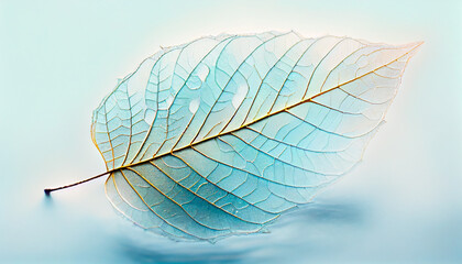 Light blue transparent skeleton leaf on a blue background, generative AI
