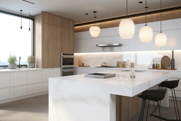 modern kitchen interior with table, oven light