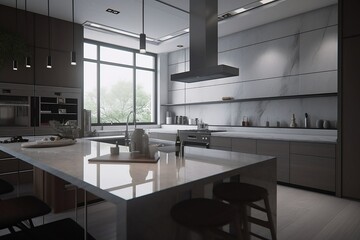 modern kitchen interior minimalistic design with kitchen hood, led lights window
