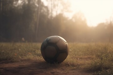Fototapeta na wymiar a soccer ball sitting in the middle of a field with trees in the background. generative ai