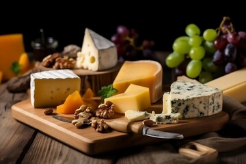 mix cheese with grapes on a wooden plate
