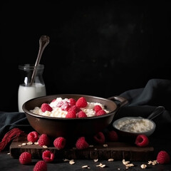 Appetizing delicious oatmeal with raspberries and cream isolated on black close-up, healthy breakfast dish, healthy food, ai generative