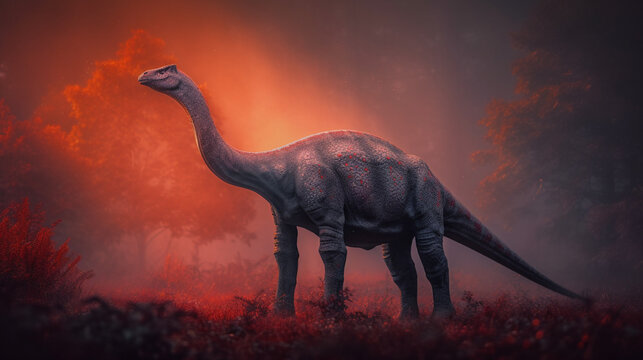 Happy Apatosaurus in Front of a Golden Sunset, Surrounded by Vegetation, Cinematic Shot