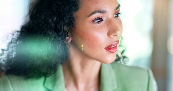 Night, concentration and computer with black woman in office for planning, proposal and deadline. Research, technology and internet with employee in agency for professional, project and overtime