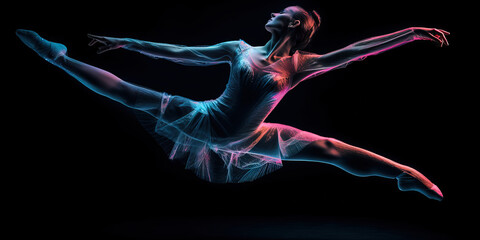 Young beautiful woman emotionally dancing contemporary, modern ballet dance. Shot in a dark studio with blue lights. Generative AI