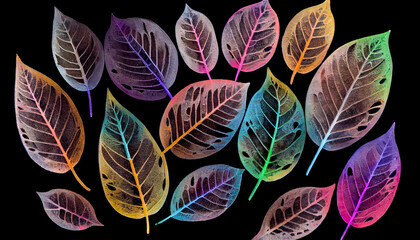 Colorful transparent skeleton leaves on a black background, generative AI