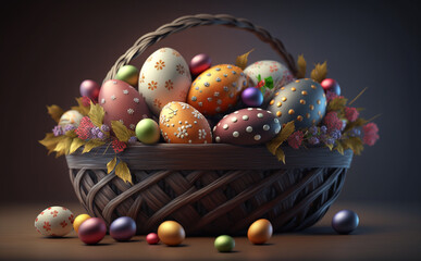 Fototapeta na wymiar easter basket with a variety of decorated Eggs, postcards, and greeting card designs. Pascha, Happy Easter Day - copy space