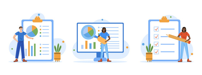 Data analytic scene. Financial management illustration set. Characters investing money, money management, tax. Personal finance management and financial literacy concept. Vector illustration