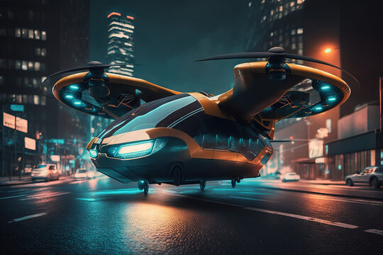 Future Of Urban Air Mobility, City Air Taxi. Concept Car. Generative AI