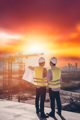 Fototapeta premium Architect and engineer discussing on construction site with plan. Generative AI. 5