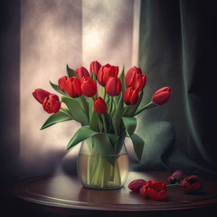 Fototapeta na wymiar bonito bouquet de tulipanes rojos dentro de un jarrón transparente, encima de una mesa, con fondo de unas cortinas desenfocadas. Ilustración generativa de IA