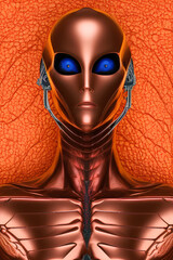 Portrait of a hypothetical alien android living on a planet ruled by artificial intelligence. Generative Artificial Intelligence.