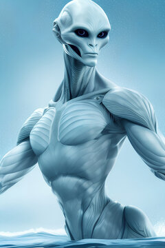 Portrait of a hypothetical alien being that lives on a planet covered by oceans. Generative Artificial Intelligence.