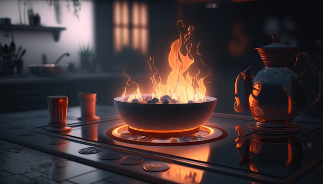 cooking with fire on the stove in a dark kitchen. ai generation