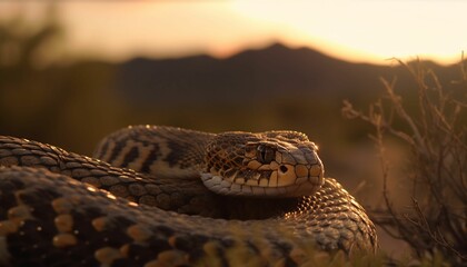 A close up glamor shot of a rattlesnake coiled up with its teeth out ready to bite and strike, Mountains cactus and a stream in the background, Generative IA - obrazy, fototapety, plakaty
