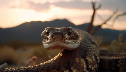 A close up glamor shot of a rattlesnake coiled up with its teeth out ready to bite and strike, Mountains cactus and a stream in the background, Generative IA