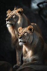 Fototapeta na wymiar two lions looking at the horizon, Generative IA