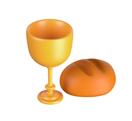 3d icon eucharist bread and vine. Sacrament of Holy Communion Religion Christian spirituality. Isolated on white background with clipping path