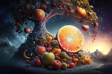 Fototapeta na wymiar Mystical Edens: Where Fruit Dreams Come True Generative AI
