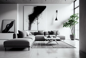 A living room with white walls, concrete floors, and a simple gray sectional sofa. The only decoration is a black and white abstract painting on the wall. Generative AI