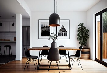 A dining room with white walls, a simple wooden table, and black metal chairs. The only decoration is a single pendant lamp hanging over the table. Generative AI