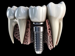 Konzept für Zahnersatz. Demonstrieren der Platzierung eines Zahnimplantats an einem Nahaufnahmemodell der Anatomie der Zähne. Generative AI