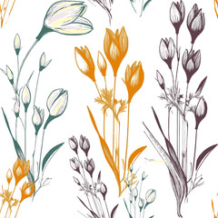  Vector seamless pattern of cute contur spring flowers. First blooming plants illustration. Sketch stile .Great for textiles, bedding, tablecloth