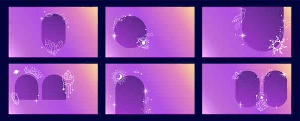 Set of mystical templates for presentation. Elements of esoteric, occult, alchemical and witch symbols. Cards with esoteric symbols. Silhouette of hands, stars, moon phases and crystals. Vector  - 584805710