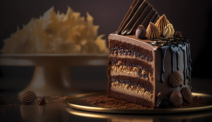Chocolate cake covered with chocolate with decorative design - Generative AI