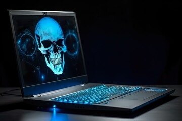 Cyber Security Laptop, Blue Glow Head, Hacker