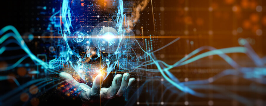 AI, Artificial Intelligence and machine learning, Businessman holds robot artificial intelligence data to control the robot to work in factory, Innovative of technology and futuristic.