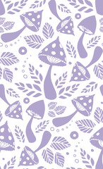 Hand drawn mushrooms and leaves seamless pattern vector illustration.