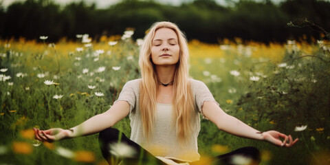 Blonde Frau beim Yoga auf einer Blumenwiese, Generative AI