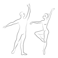 Obraz na płótnie Canvas Silhouette of a cute lady and youth, they dance ballet. The woman and the man have beautiful slender figures. Girl ballerina and boyfriend dancer. Ballet dancer. Vector illustration.