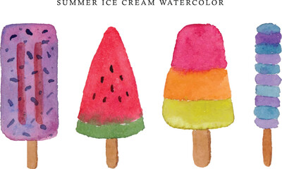 a set of tropical summer popsicle ice cream watercolor illustration